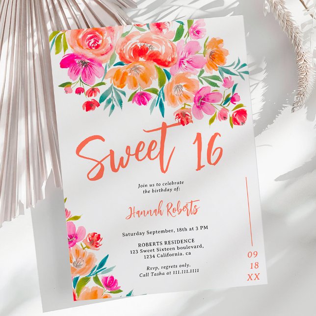 Invitación Boho naranja floral Sweet 16 cumpleaños (Boho orange floral Sweet 16 birthday Invitation)