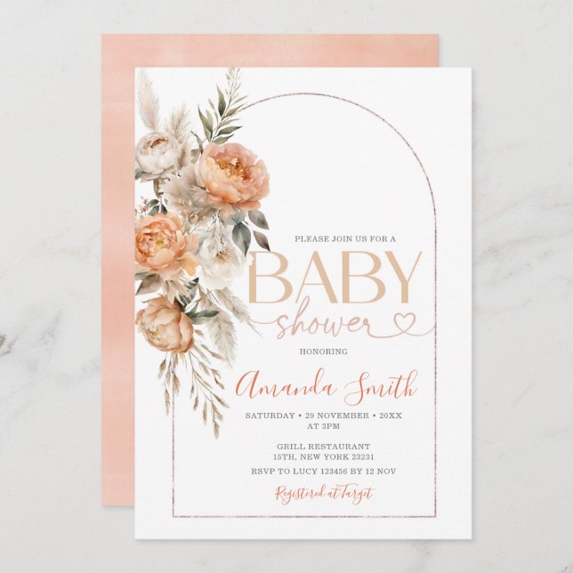 Invitación Boho Naranja Flores Chica Baby Shower Pampas Grass (Anverso / Reverso)