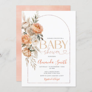 Invitación Boho Naranja Flores Chica Baby Shower Pampas Grass