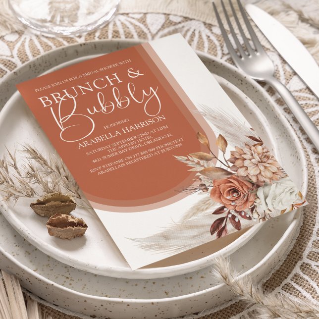Invitación Boho Naranja Quemada Floral y Pampas Despedida de  (Subido por el creador)
