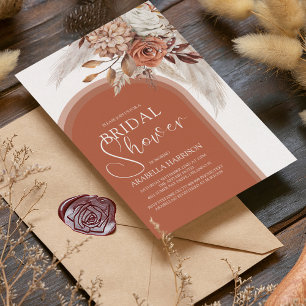 Invitación Boho Naranja Quemada Floral y Pampas Despedida de 