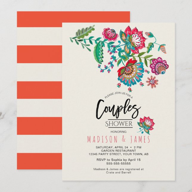 Invitación Boho Naranja stripe Flores populares | Ducha de pa (Anverso / Reverso)