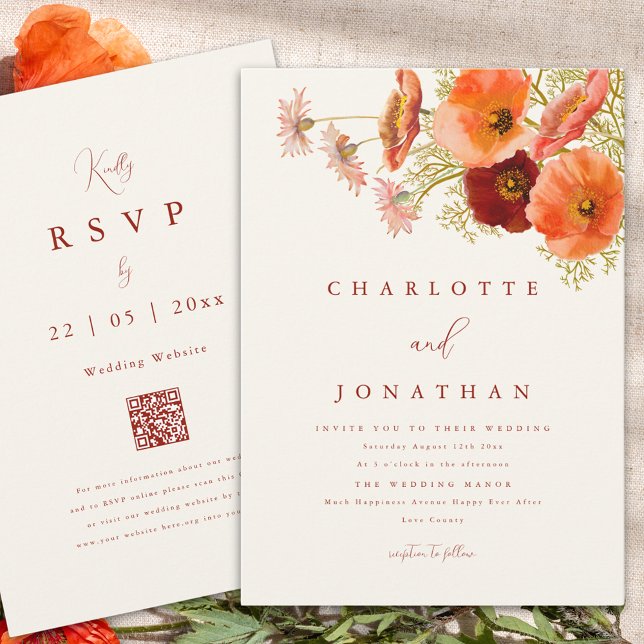Invitación Boho Naranja Wildflower Fall Wedding (Boho wildflower fall wedding invitation with elegant script and website qr code)