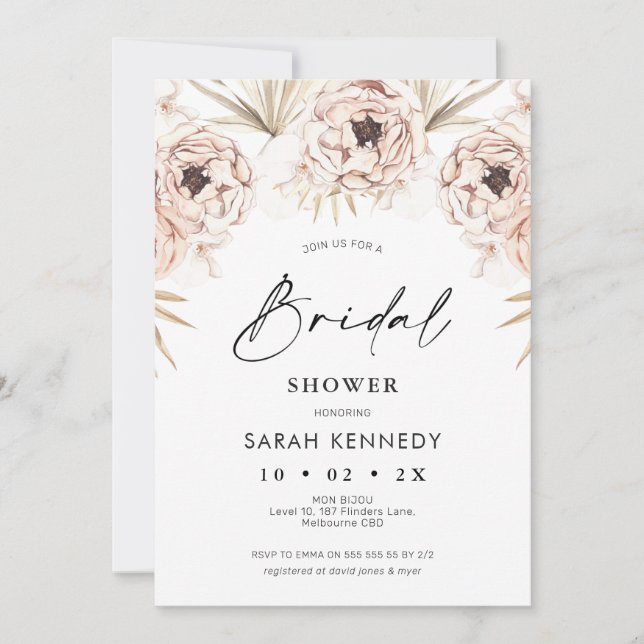 Invitación Boho Natural Tones Rusos Floral Bridal Ducha (Anverso)