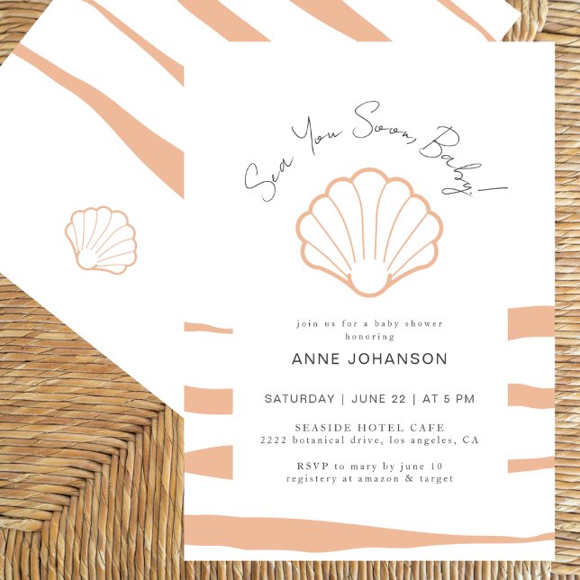 Invitación Boho Nautical Stripes Clamshell Baby Girl Shower (Subido por el creador)