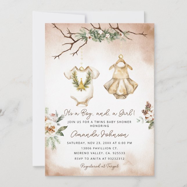 Invitación Boho Navidades Ropa de bebé gemela Ducha de bebé (Anverso)