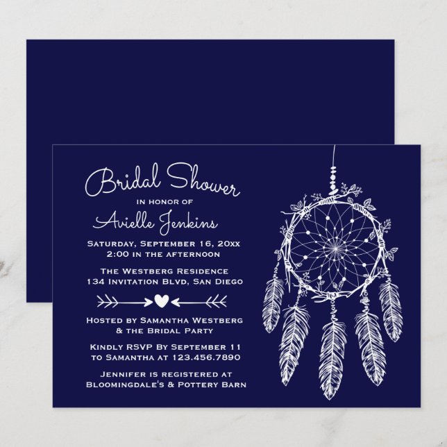 Invitación Boho Navy Blue Bridal Shower Dream Catcher Tribal (Anverso / Reverso)