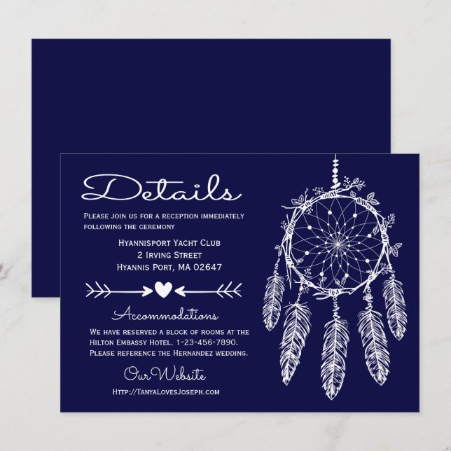 Invitación Boho Navy Blue detalla a Boda tribal soñador (Anverso / Reverso)
