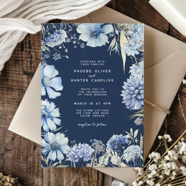 Invitación Boho Navy Blue Gold Wildflowers Boda Botánico (Subido por el creador)