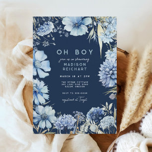 Invitación Boho Navy Blue Wildflower Floral Boy Baby Shower