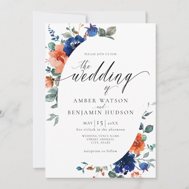 Invitación Boho Navy Floral Naranja Elegante Boda (Anverso)