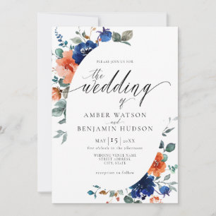 Invitación Boho Navy Floral Naranja Elegante Boda
