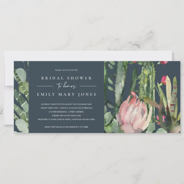INVITACIÓN BOHO NAVY PINK FLORAL CACTI FAUNA BRIDAL DUCHA (Anverso)