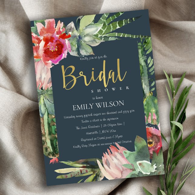 INVITACIÓN BOHO NAVY PINK FLORAL CACTI FOLIAGE BRIDAL DUCHA (Subido por el creador)