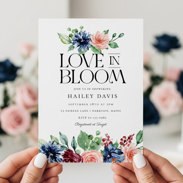 Invitación Boho Navy Pink Floral Love in Bloom Bridal Shower (Subido por el creador)