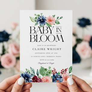 Invitación Boho Navy Rosa Floral Bebé en Flor Baby Shower