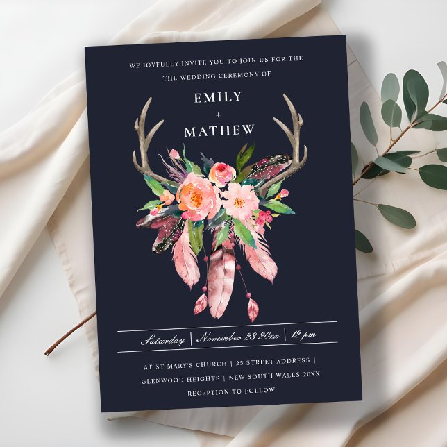 INVITACIÓN BOHO NAVY RUBOR ANTLER DREAM CATCHER FLORA BODA (Subido por el creador)