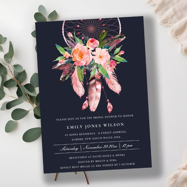 INVITACIÓN BOHO NAVY RUBOR DREAM CATCHER FLORAL BRIDAL DUCHA (Subido por el creador)