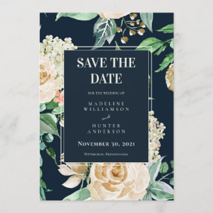 Invitación Boho Navy y Rosas de Marfil Elegantes Salva la Fec