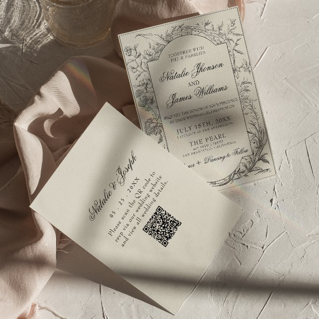 Invitación Boho Negro Crema Floral Botánico Código QR Boda (Subido por el creador)