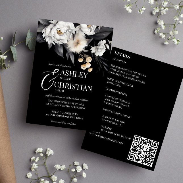 Invitación Boho negro y blanco elegante todo en un boda (Black and white elegant boho all in one wedding editable template invitation digital download )