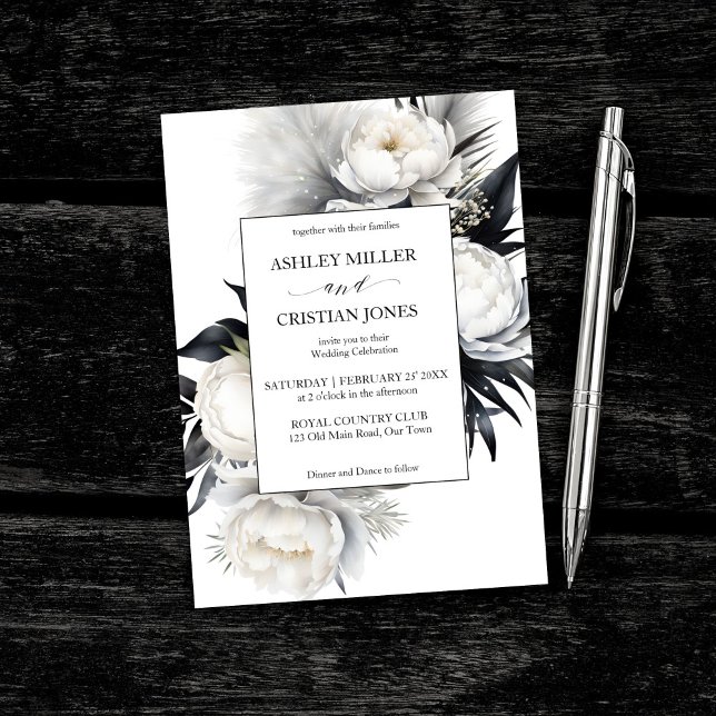 Invitación Boho negro y blanco flor boda elegante (Black and white elegant boho flowers elegant wedding editable template invitation digital download)