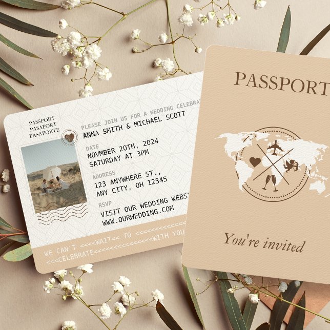Invitación Boho Neutral Beige Passport Matrimonio de destino (Subido por el creador)