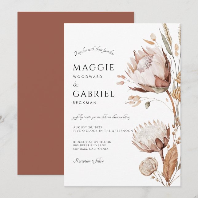 Invitación Boho Neutral Boda Floral (Anverso / Reverso)