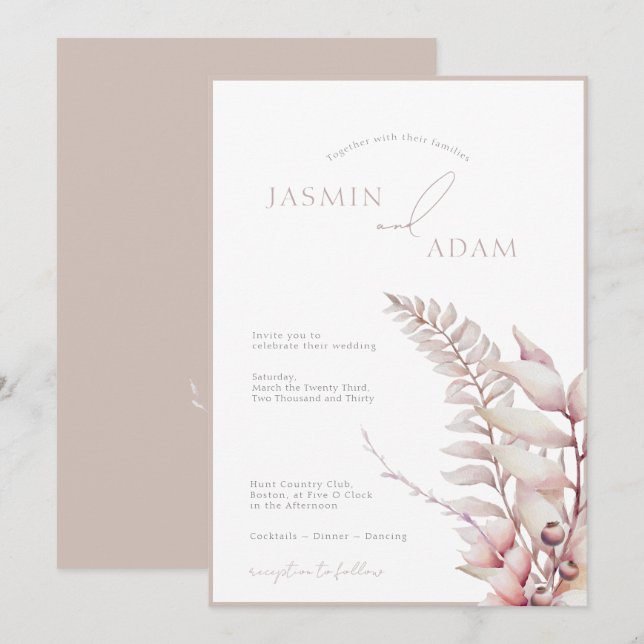 Invitación Boho Neutral Boda simple rosa suave (Anverso / Reverso)