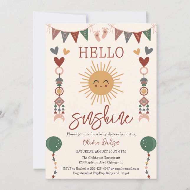 Invitación Boho neutral de género Hola Sunshine Baby Shower (Anverso)