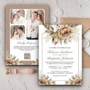 Invitación Boho Neutral Earthy Floral Taupe QR Boda de código