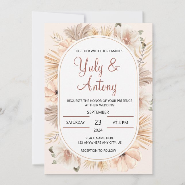 Invitación Boho Neutral Floral Beige moderno (Anverso)