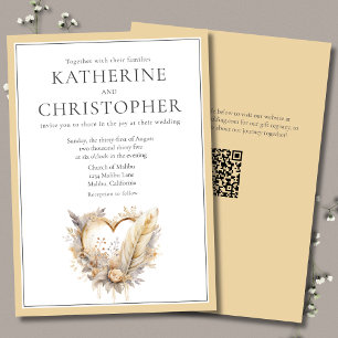 Invitación Boho Neutral Floral Feathers Heart Wreath Boda