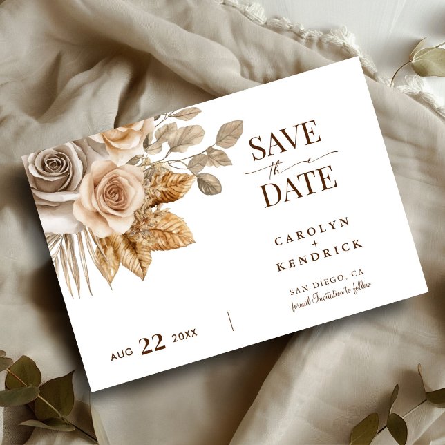 Invitación Boho Neutral Floral Wedding Save the Date Card (Subido por el creador)