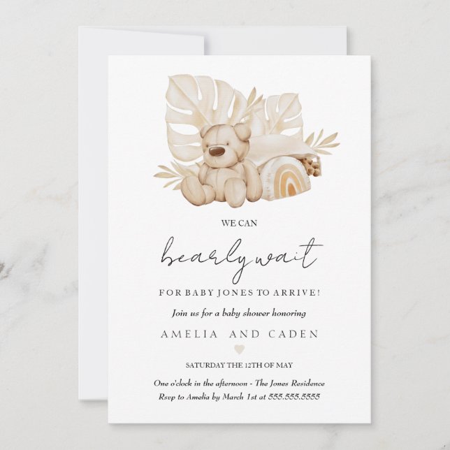 Invitación Boho neutral podemos esperar a Baby Shower (Anverso)