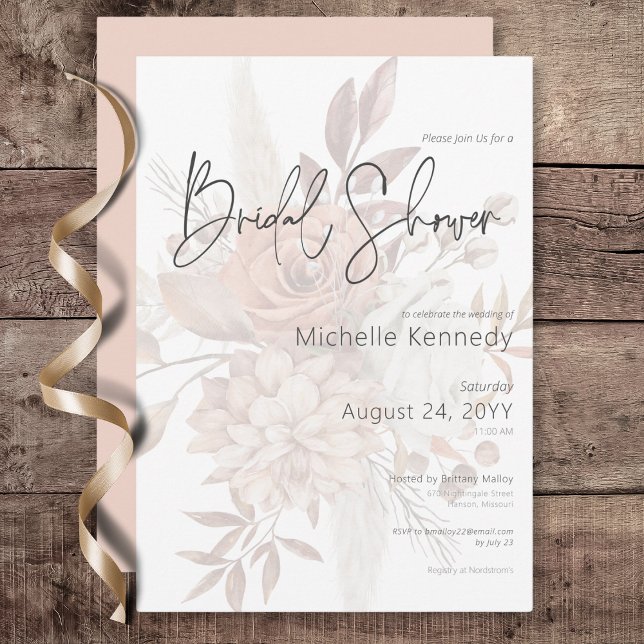 Invitación Boho Neutral Soft Floral Bouquet Bridal Shower (Boho Neutral Soft Floral Bouquet Bridal Shower Invitation)