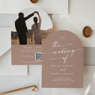 Invitación Boho Neutral Taupe Foto Boda del arco del código Q