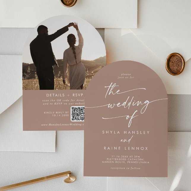 Invitación Boho Neutral Taupe Foto Boda del arco del código Q (Subido por el creador)