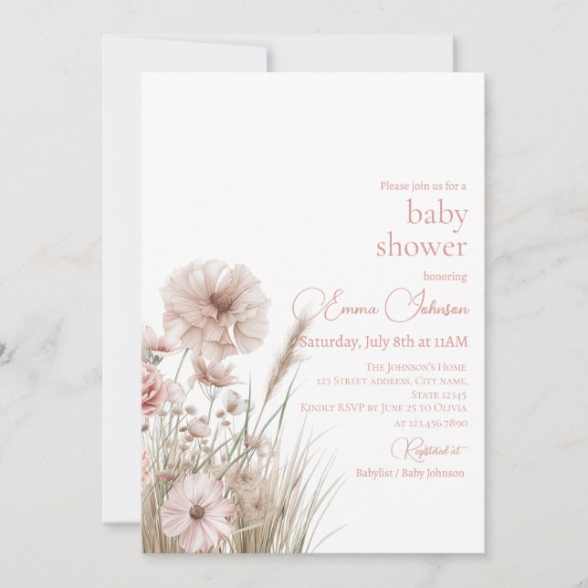 Invitación Boho Neutral Wildflower Baby Shower Invitation (Anverso)
