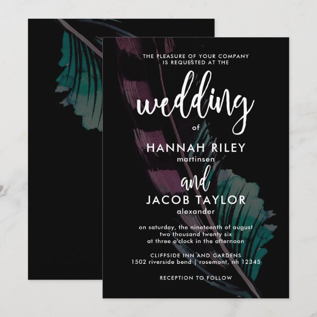 Invitación Boho Nights Black con Feathers Boda (Anverso / Reverso)