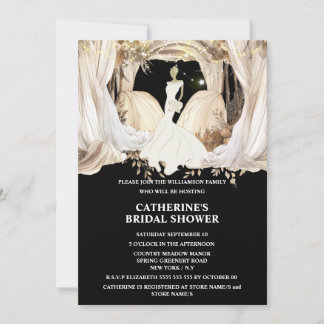 Invitación Boho novia vestido blanco boda cortinas moda