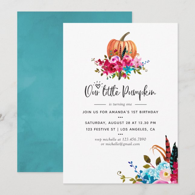 Invitación Boho Nuestra pequeña calabaza Fiesta de cumpleaños (Anverso / Reverso)