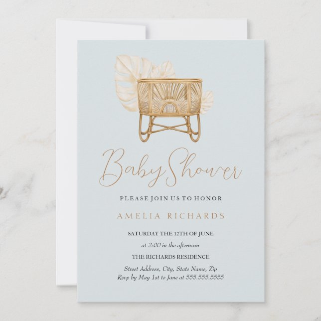 Invitación Boho Nursery Bassinet Blue Baby Shower (Anverso)