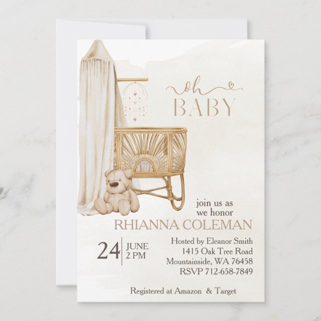 Invitación Boho Nursery Teddy Bear ducha de bebé (Anverso)