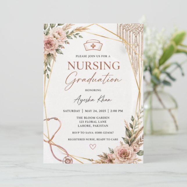 Invitación Boho Nursing Graduation Invitation with Stethoscop (Anverso de pie)