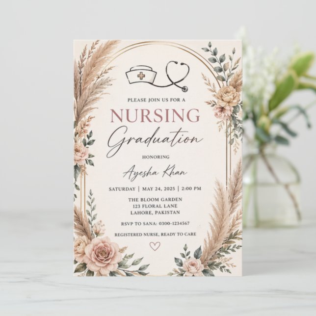 Invitación Boho Nursing Graduation Invitation with Stethoscop (Anverso de pie)