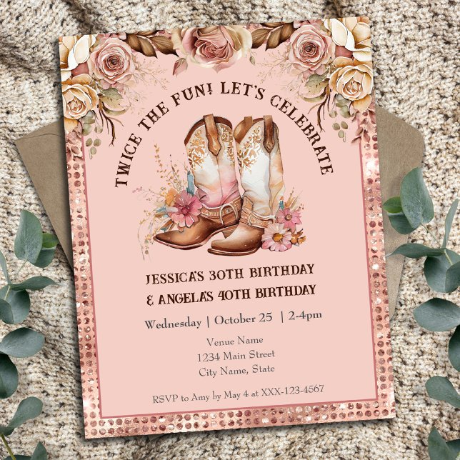 Invitación Boho Occidental Chica Floral Rosa Doble Cumpleaños (Subido por el creador)