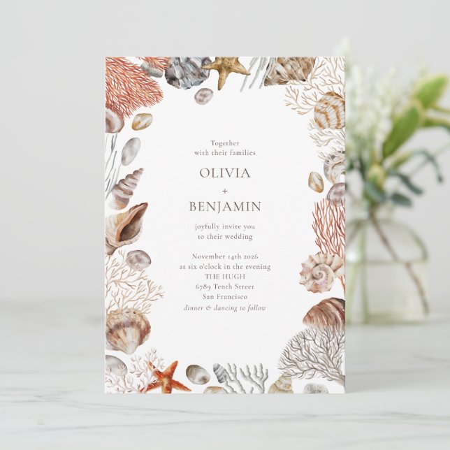 Invitación Boho Ocean Seasheles Coral Beach Boda único (Anverso de pie)