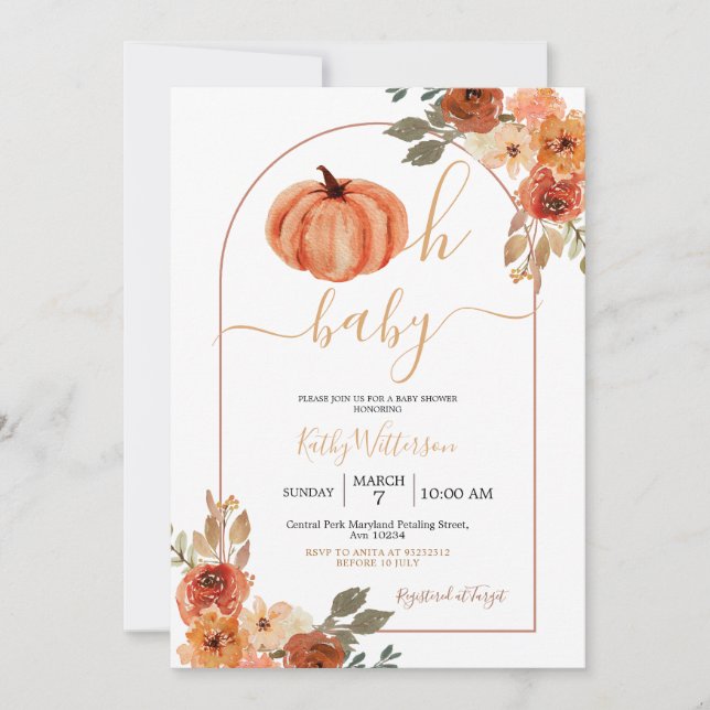 Invitación Boho Oh Baby Arch Pumpkin Wildflower Baby Shower (Anverso)