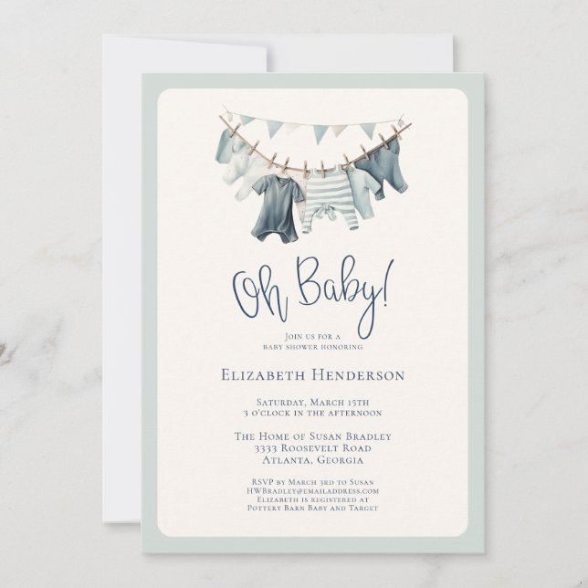 Invitación Boho Oh Baby Boy Clothesline Baby Shower (Anverso)